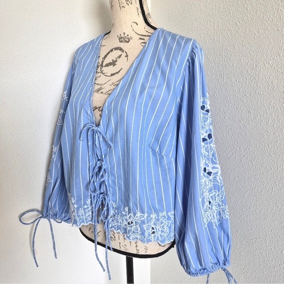 Future Collective Eyelet Floral Peasant Blouse XXL Blue Cotton Boho Cottagecore - Picture 11 of 17
